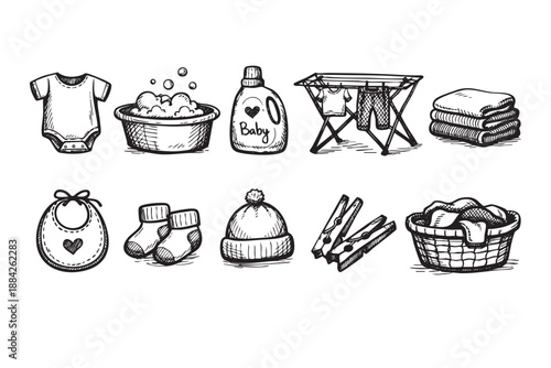 A charming collection of hand-drawn black and white vector illustrations depicting baby laundry essentials such as clothing, detergent, and drying tools, perfect for parenting content.