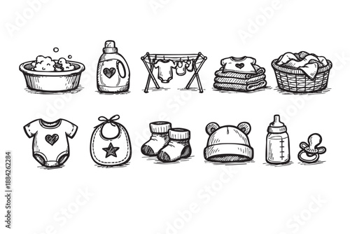 A charming collection of hand-drawn black and white doodle icons depicting essential baby care and laundry items like clothes, bottles, and washing supplies, perfect for parenting content.
