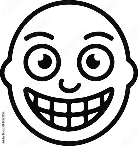 Creepy Grinning Face Outline Icon, Simple black outline illustration of a grinning face with wide eyes and teeth, expressing unsettling humor, mischief, or eerie emotion.

