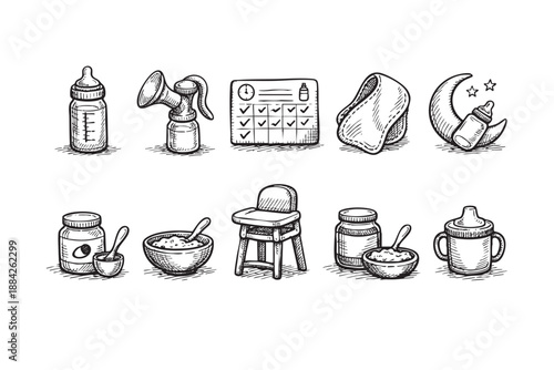 This collection of hand-drawn black and white vector icons illustrates various baby care essentials, perfect for parenting blogs, product packaging, or digital interfaces.