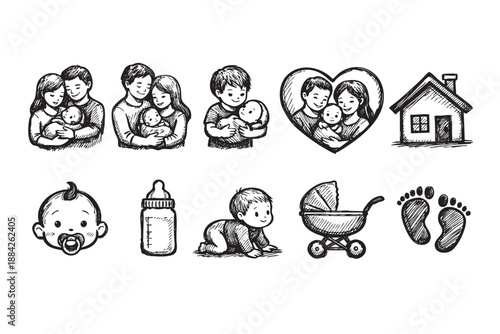 This charming black and white hand-drawn vector icon set depicts loving families, baby care elements, and a cozy home, perfect for illustrating parenting, growth, and new life concepts.