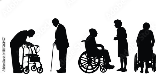 Black Silhouettes of Elderly People Using Mobility Aids including Walkers and Wheelchairs