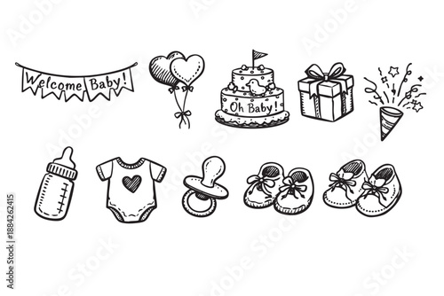 A charming collection of black line art doodles featuring essential baby shower and newborn celebration items, perfect for invitations and greetings.