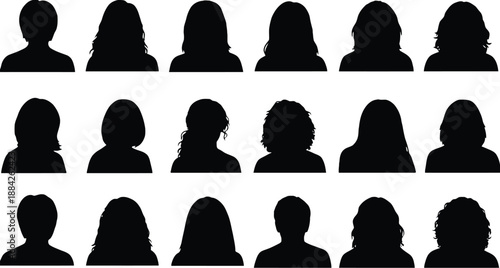 Set of Diverse Female Head Silhouettes with Various Hairstyles and Hair Lengths Collection