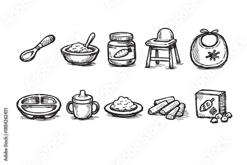 A diverse collection of hand-drawn baby feeding essentials including spoons, bowls, high chairs, bibs, sippy cups, and various infant foods, presented in a simple black and white sketch style.