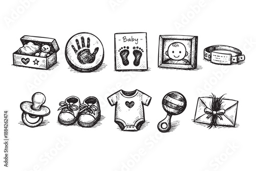 Hand-drawn illustration shows baby items: pacifier, rattle, shoes, certificate, gift box, hospital bracelet, and footprint. Perfect for designs about baby shower or birth announcement.