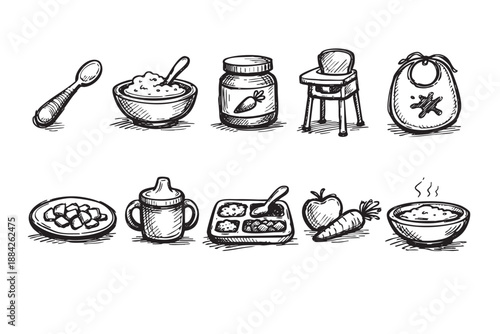 Hand-drawn style illustration of baby food items and accessories including a bib, bowl, highchair, spoon, and other baby products, isolated on white.