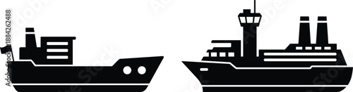 Cargo ship and industrial tanker silhouette illustration, maritime transportation vessels, oil shipping logistics, ocean freight transport design, marine industry icon