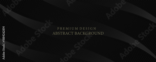 Black abstract background design. Modern wavy line pattern in monochrome colors. Premium stripe texture for banner, business backdrop. Dark horizontal vector template