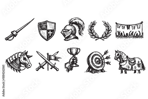 This vector collection presents hand-drawn medieval and chivalry icons, including helmets, swords, shields, horses, and trophies, in a rustic black and white sketch style.