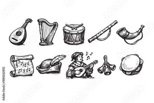Hand-drawn musical instruments with a medieval flair, including a lute, harp, drum, flute, horn, and tambourine, evoking a historical, artistic aesthetic.