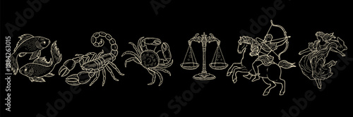 Vector illustration of zodiac signs in a synthage linear retro engraving style with baroque elements. Astrology and tarot