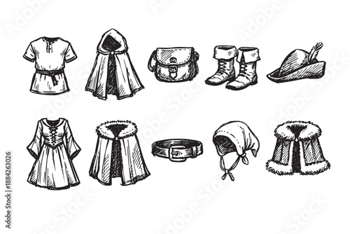 Hand-drawn black ink collection of medieval and fantasy clothing items: tunics, dresses, cloaks, boots, hats, belts, bags. Ideal for game design, historical projects.