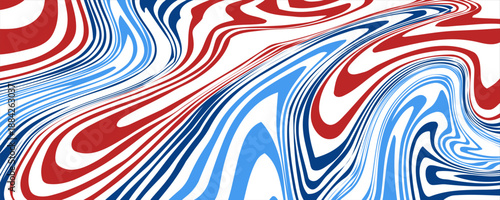 Abstract wavy marbled pattern in red, navy, blue, and cream tones, creating dynamic swirling movement with a retro psychedelic feel.