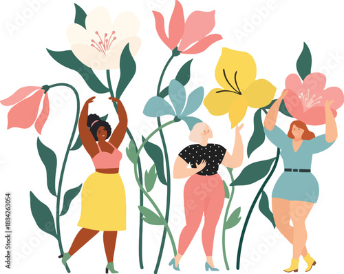 Body positive illustration of diverse women dancing among giant colorful flowers, celebrating femininity and self-love