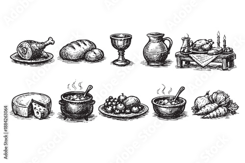 This detailed hand-drawn illustration features a rustic feast of traditional food items, like roasted meat, bread, cheese, and steaming dishes, in a vintage woodcut style, conveying a hearty and abund