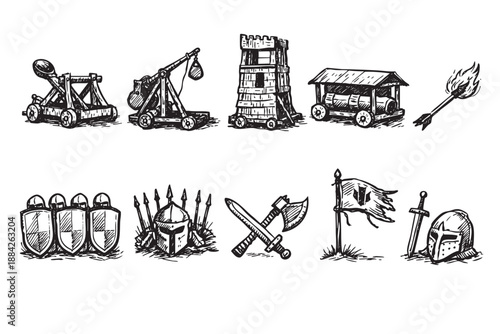 A comprehensive collection of hand-drawn black and white medieval siege weapons and armor, including catapults, a siege tower, ram, shields, helmets, and weaponry, presented as versatile vintage icons