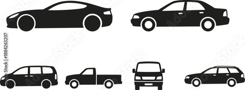 Car and vehicle silhouette illustration set, automobile transportation icons, sedan pickup van designs, modern transport, black vector collection