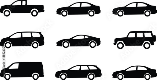 Vehicle silhouette icon set, cars vans pickup SUV designs, automobile transportation collection, black vector transport symbols