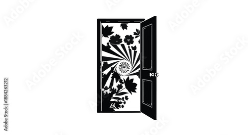 Open door revealing a vibrant, abstract floral pattern with a hypnotic spiral.