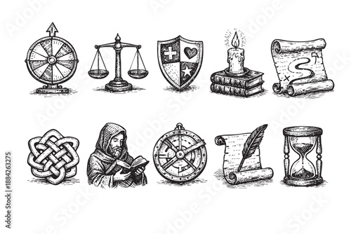 This detailed collection features hand-drawn vintage medieval and fantasy icons in an engraving style, including scales, maps, monks, and hourglasses, perfect for historical-themed designs.