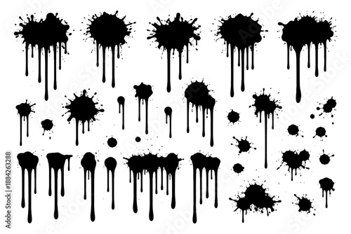Abstract dripping ink splatter set on white background.