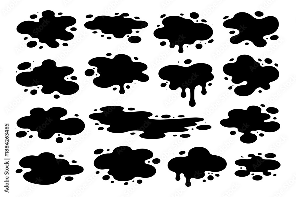 Fototapeta premium Black ink splatter set on white background for design projects.