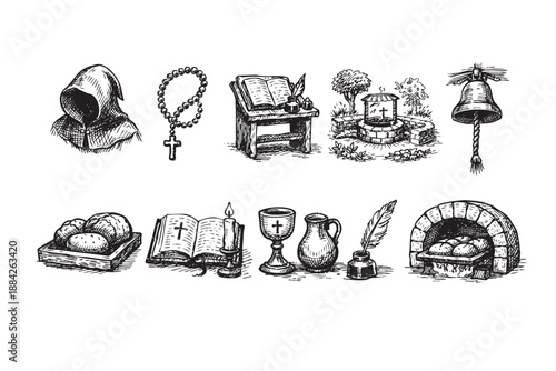 Detailed hand-drawn illustrations feature monastic life symbols: praying monk, rosary, bread, ancient books. Evokes historical, spiritual mood for designs.