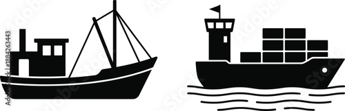 Fishing boat and cargo ship silhouette illustration, maritime transportation concept, commercial shipping vessels, logistics freight, marine industry design