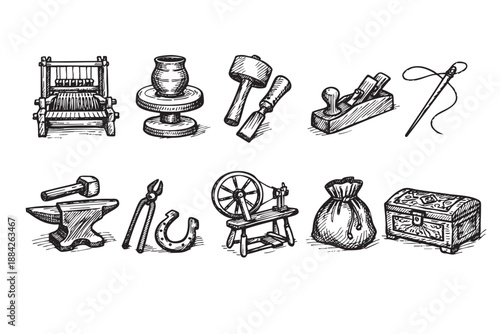 This detailed black and white hand-drawn sketch collection showcases various traditional artisan tools and equipment, perfect for historical, craft, or educational designs.
