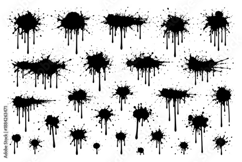 Collection of dripping black ink splatter isolated on white background.