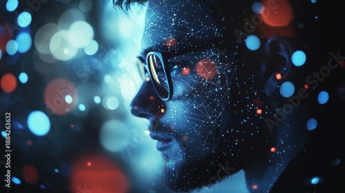 Man with glasses and digital data