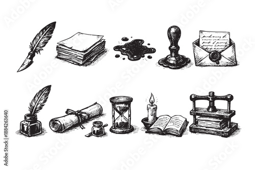 A collection of hand-drawn vintage writing and academic objects including quill pens, inkwells, paper, hourglass, and books, in a classic black and white engraving style, evoking history and literatur