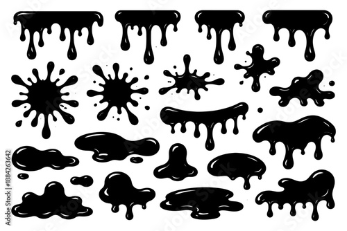 Collection of black dripping paint and splatter shapes on white background.