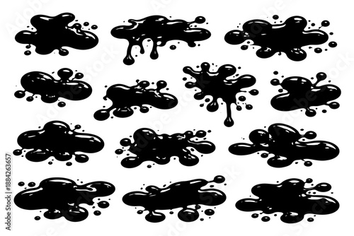 Collection of black ink splatter shapes with various drip patterns.
