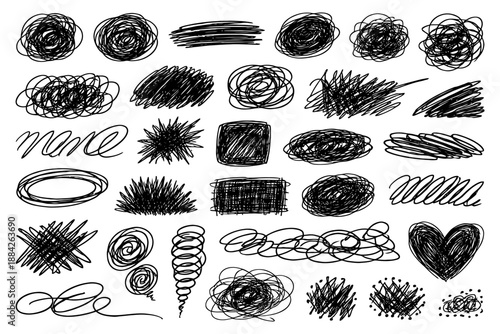 Collection of hand-drawn scribbles and doodles in various shapes and patterns.