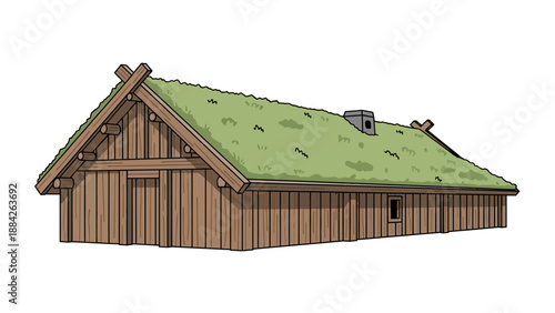 Traditional wooden longhouse with green sod roof and chimney viewed from the side