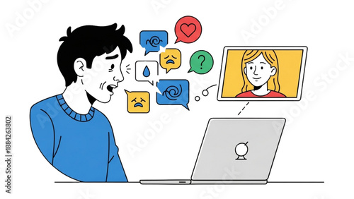 High-Quality Continuous Line Colorful Icon of Person Sharing Feelings via Video Call with Loved One