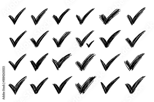 Hand-drawn black check marks on white background in various styles.
