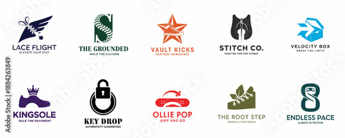 Collection of ten stylized footwear and sneaker brand logos featuring themes like speed, nature, culture, and urban fashion identity, isolated on white.