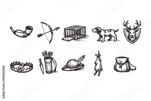 A hand-drawn set of traditional hunting equipment and wild game symbols, including a horn, bow, traps, dog, deer trophy, arrows, hat, and rabbit, rendered in black ink on a white background.