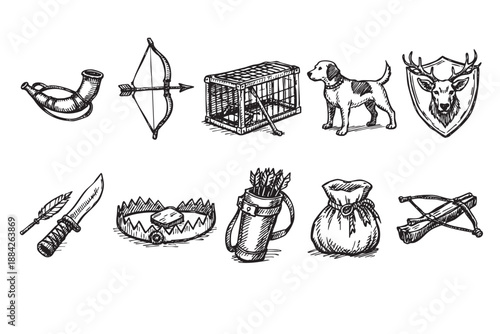A hand-drawn set of traditional hunting equipment and wild game symbols, including a horn, bow, traps, dog, deer trophy, arrows, hat, and rabbit, rendered in black ink on a white background.