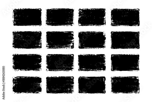Grunge textured rectangular grid with black ink stamps on white background.