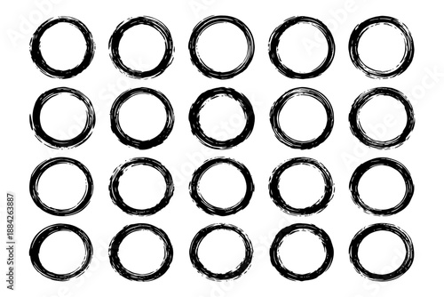 Set of 20 hand-drawn grunge circles in black on white background.