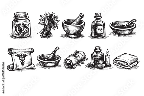 Detailed black and white sketch icons of traditional apothecary tools, herbal remedies, and mystical alchemy symbols, isolated on a white background, evoking an ancient, magical mood.