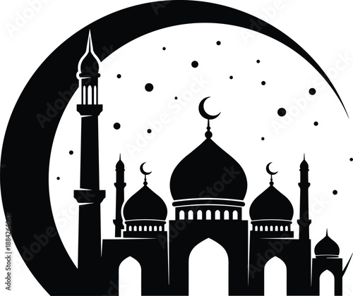 Islamic mosque silhouette illustration, Ramadan Eid night scene, crescent moon circle frame, religious architecture, spiritual festival background