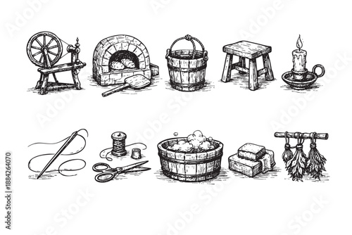 A black and white etching style image showing vintage objects including spinning wheel, oven, bucket, candle, needle, soap, bucket, and more on white.