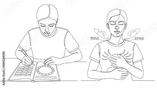 High-Quality Continuous Line Colorful Icons of Daily Mood Tracker, Calming Breathing Exercise with Visual Guides