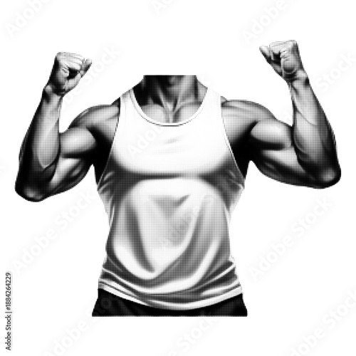 Monochrome halftone illustration of a muscular male torso flexing arms isolated on white, symbol of strength, fitness, bodybuilding, workout motivation, and athletic power.