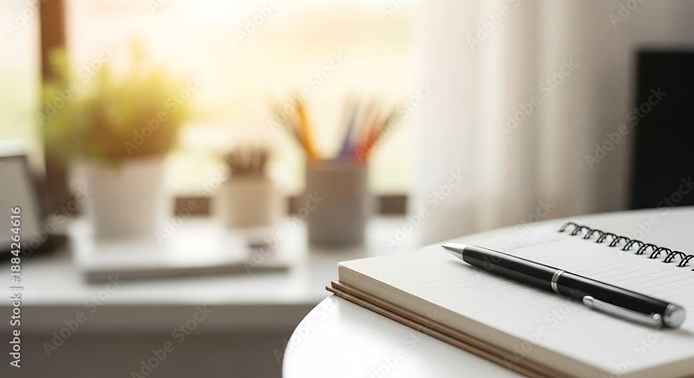 Fototapeta premium Notebook and pen on a table in a bright and organized workspace with a blurred background featuring a window and office supplies.